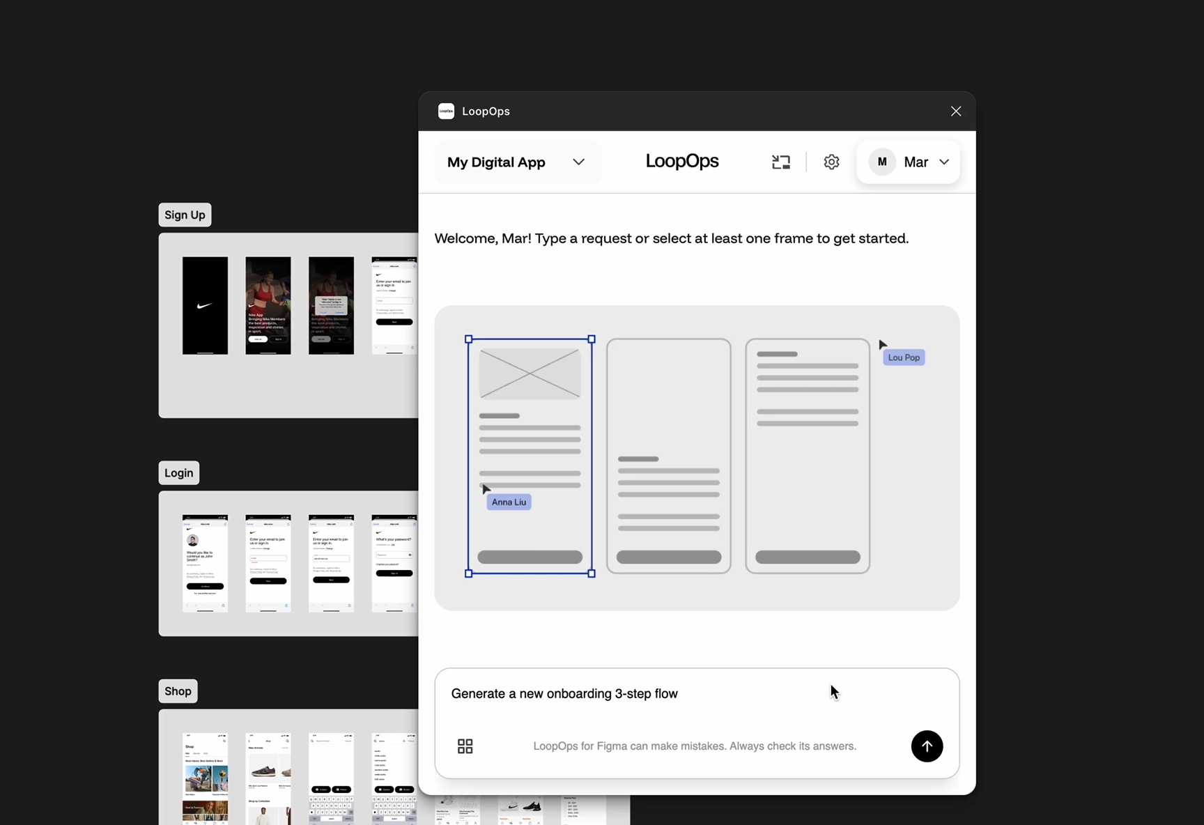 LoopOps Figma agent generating an onboarding flow wireframe